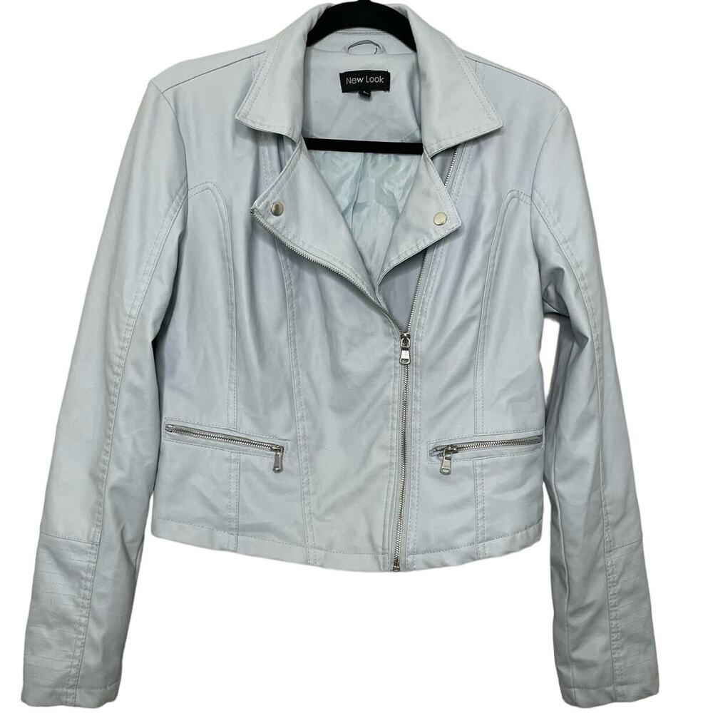 New Look Biker Faux Leather Jacket Zip Front Pockets Collared Long Sleeve Blue L